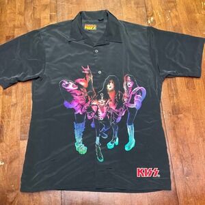 KISS Button Up Shirt Mens XL Black 2002 Vintage Graphic Rock Band Short Sleeve